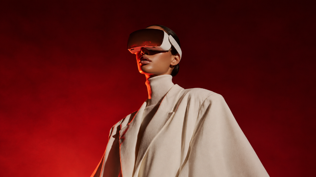 COTTON AIRE Haute Couture Model in architectural ivory blazer and spatial visor